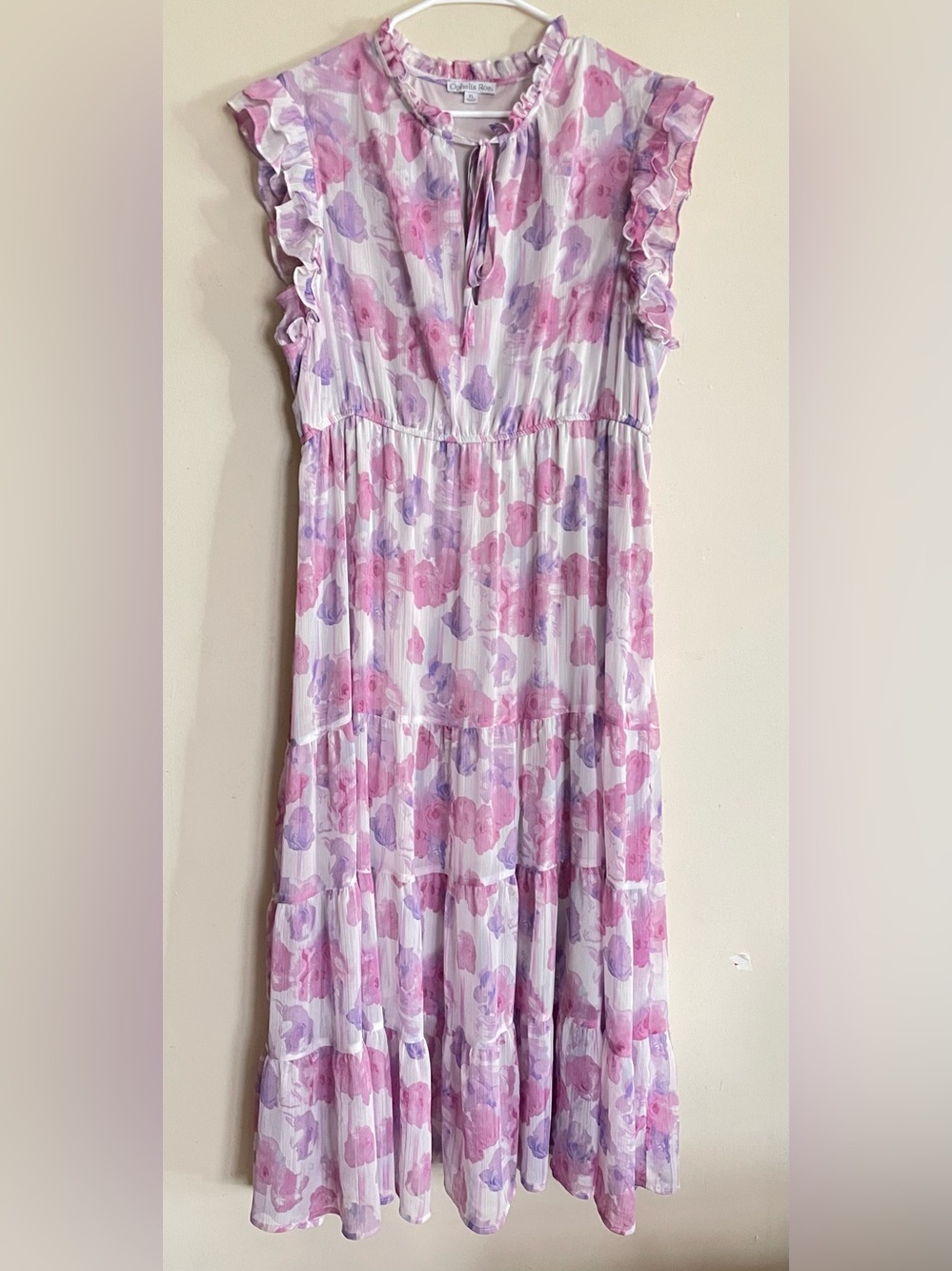 Ophelia Roe Purple Floral Chiffon Long Tiered Dress